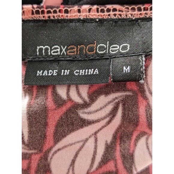 Max & Cleo Dress Womens sz M Pink Brown Leaf Print Faux Wrap Stretch Fit Flare - Picture 8 of 11